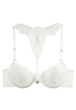 White lace push-up bra with underwire, adjustable straps, and intricate floral lace racerback design.