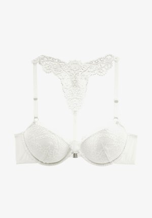 Reggiseno push-up bianco in pizzo con ferretto, spalline regolabili e design intricate di pizzo floreale sul retro racerback.