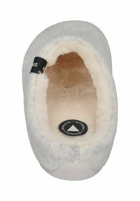 Gray slipper with a soft, plush interior, rounded shape, and black brand label. Textured exterior with a white sole and circular logo.