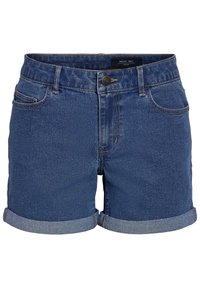 Denim šorti vidēji zilos toņos ar atlocītu apakšmalu. Klasiķa piecu kabatu dizains ar priekšējo pogu aizdari un kontrastējošām šuvēm.