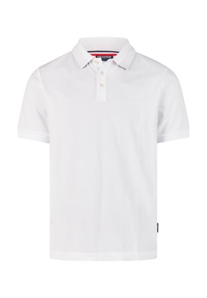 Weißes Poloshirt aus Baumwollstoff, mit klassischem Kragen, drei Knöpfen und dezentem Logo-Detail auf der Brust. Kurze Ärmel, schlichtes Design.