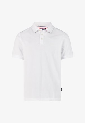 Weißes Poloshirt aus Baumwollstoff, mit klassischem Kragen, drei Knöpfen und dezentem Logo-Detail auf der Brust. Kurze Ärmel, schlichtes Design.