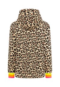 Leopard-print hoodie with a beige background, featuring a drawstring hood and vibrant multicolored ribbed cuffs. Soft fabric texture.