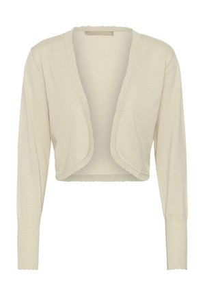 Hellbeige, kurz geschnittener Cardigan mit langen Ärmeln und gewellten Kanten entlang der vorderen Öffnung und des Saums.