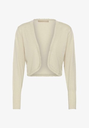 Lysebeige kort cardigan med lange ærmer og bølget kant langs den forreste åbning og kanten.