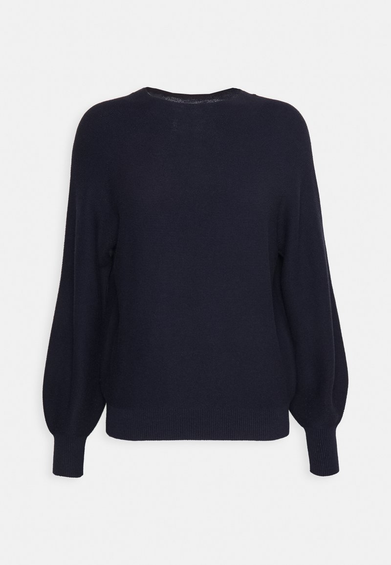 Dunkelblauer Strickpullover mit rundem Halsausschnitt, lockeren Ärmeln und gerippten Bündchen. Weicher Stoff mit lässiger Silhouette.