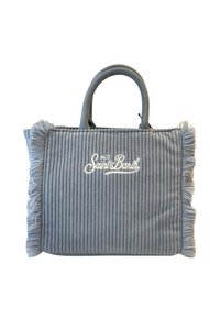 Grijze corduroy tas met franjes, twee handvatten en geborduurd wit "MC2 Saint Barth" logo aan de voorkant.