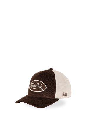 Brown and beige Von Dutch trucker cap with curved brim and mesh back panels, featuring embroidered logos on front and side.