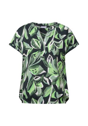 Short-sleeve blouse in dark fabric featuring a vibrant green leaf pattern. V-neckline with slight gathering at the hem for a relaxed fit.