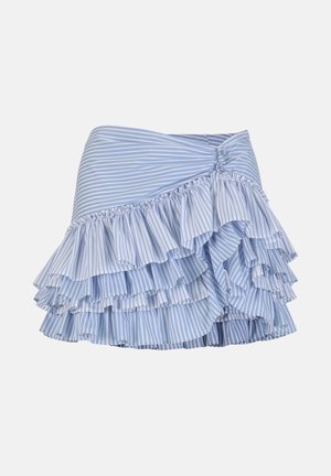 Modrá a biela pásikavá mini sukňa s vrstvenými volánmi a na jednej strane v páse s nazbieraným detailom.