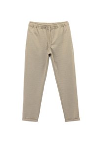 Beige Jogginghosen aus strukturiertem Stoff, mit elastischer Taille, Kordelzug und schmal zulaufendem BeinDesign sowie seitlichen Taschen.