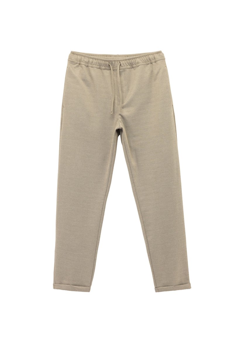 Beige Jogginghosen aus strukturiertem Stoff, mit elastischer Taille, Kordelzug und schmal zulaufendem BeinDesign sowie seitlichen Taschen.