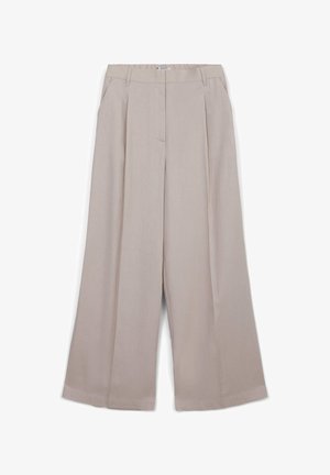 Pantaloni beige a gamba larga con frontale plissettato, realizzati in tessuto leggero. Presentano due tasche laterali e una vita liscia per un comfort ottimale.