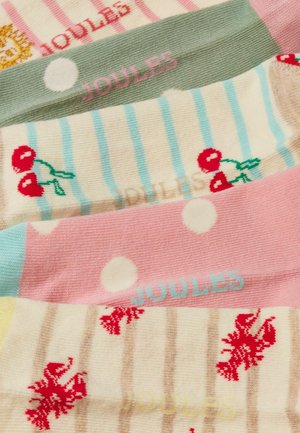 Chaussettes en coton doux avec des rayures pastel, des cerises, des pois et des motifs de crabes, portant la marque "Joules" dans différentes couleurs.
