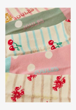 Chaussettes en coton doux avec des rayures pastel, des cerises, des pois et des motifs de crabes, portant la marque "Joules" dans différentes couleurs.