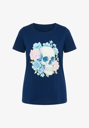 Navyblauw T-shirt met korte mouwen met op de voorkant een witte schedel omringd door blauwe en roze bloemen.