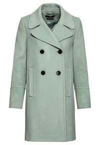 Mátově zelený dvouřadý kabát vyrobený z měkkého materiálu, s velkými čern ými knoflíky, klopami a bočními kapsami. Střih v rovné linii.