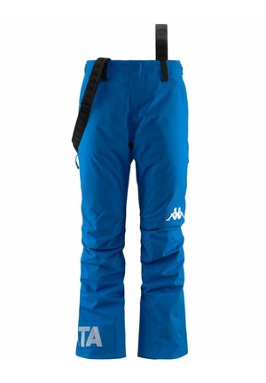 Pantaloni da sci impermeabili blu con spallacci neri regolabili. Presentano un logo bianco sulla coscia sinistra e un tessuto testurizzato per una maggiore durata.