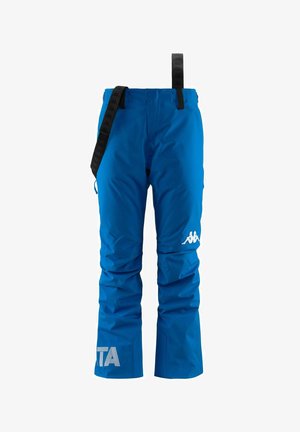 Pantaloni da sci impermeabili blu con spallacci neri regolabili. Presentano un logo bianco sulla coscia sinistra e un tessuto testurizzato per una maggiore durata.