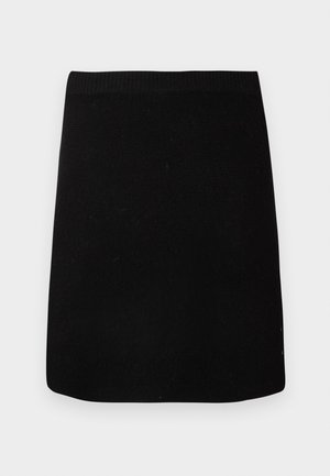 Jupe noire en tissu texturé avec une taille côtelée, présentant une coupe droite sans matériel ou motifs visibles.