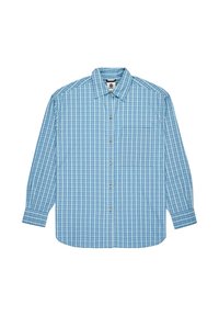 Chemise à carreaux bleue et blanche à manches longues avec boutonnière, col et une unique poche poitrine, présentée à plat sur fond blanc.