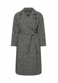 Płaszcz w wzór houndstooth w czerni i bieli, z paskiem w talii, szerokimi klapami i długimi rękawami. Wykonany z teksturowanej tkaniny z wełny.