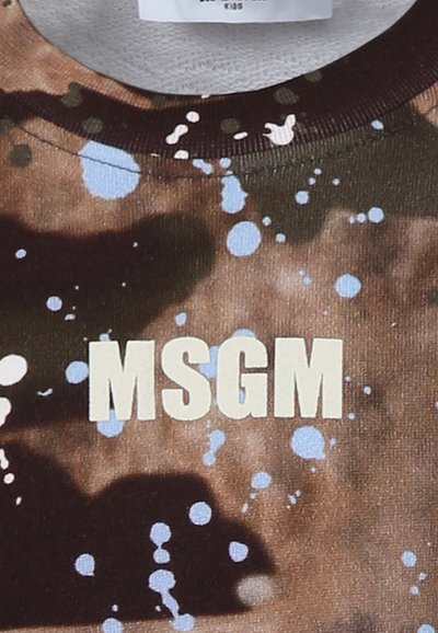 Bruine katoenen sweatshirt met een veelkleurig spetterpatroon, met een opvallend "MSGM"-logo in lichtbeige op de voorkant.
