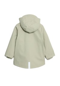 Lyse beige vandtæt jakke med hætte, med en hvid lodret stribe forneden. Glat tekstur, afslappet pasform og lange ærmer.