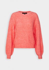 Strickpullover in leuchtendem Koralle mit strukturierter, gemusterter Oberfläche; verfügt über einen runden Ausschnitt und Balloonärmel.