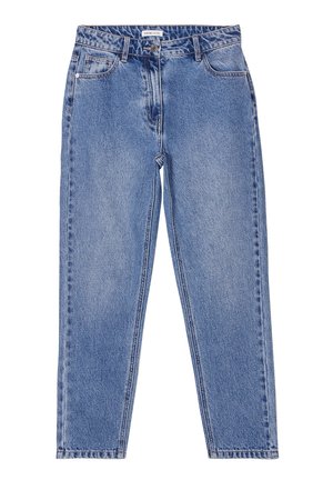 Lys blå højtaljede jeans lavet af denim. Har et lige ben design, frontlommer og en lynlås med knaplukning.