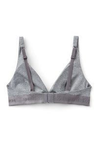 Sujetador triangular gris claro con tirantes ajustables y banda elástica de marca "UNITED COTTON" en la parte inferior sobre un fondo blanco.