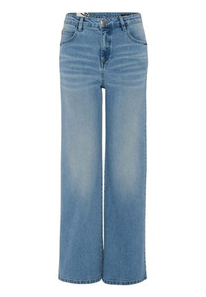 Light blue wide-leg jeans made of denim. Features a high waist, five-pocket design, and subtle fading across the fabric.