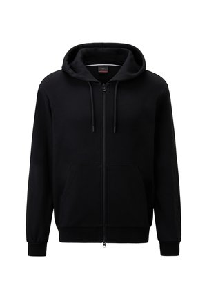 Black zip-up hoodie made of soft fabric, featuring a large hood, front pockets, and ribbed cuffs. Subtle branding on the sleeve.