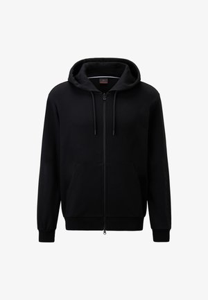 Schwarze Zip-Hoodie aus weichem Material, ausgestattet mit einer großen Kapuze, Vordertaschen und gerippten Bündchen. Dezente Markenkennzeichnung am Ärmel.