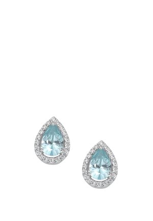 Pair of teardrop-shaped stud earrings with light blue gemstones, each outlined with small clear crystals on a white background.