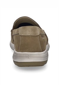 Brune ruskind slip-on sko med en struktureret overflade, rund design og en polstret grå sål og hælakkent.