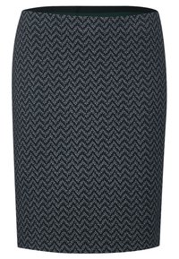 Dopinana spódnica ołówkowa z dzianiny w zygzakowy wzór w ciemno granatowym i białym kolorze. Gładka faktura, długość powyżej kolana oraz dopasowany krój z jednolitą talią.