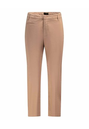 Pantalon beige slim-fit avec passants de ceinture, fermeture éclair à l'avant et poche latérale fendillée, conçu pour un look propre et formel.