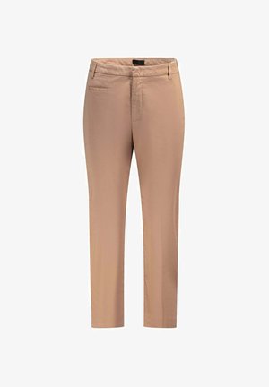 Pantalon beige slim-fit avec passants de ceinture, fermeture éclair à l'avant et poche latérale fendillée, conçu pour un look propre et formel.