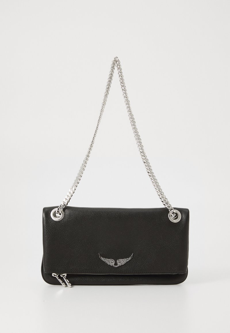Black leather clutch bag with silver chain strap, silver wing embellishment, and a zippered front pocket.