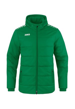 Grüne gepolsterte Jacke mit durchgehendem Reißverschluss, Kapuze, seitlichen Taschen und Schulterakzenten. "JAKO"-Logo auf der oberen linken Seite gedruckt.