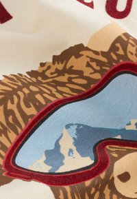 Bež tkanina prikazuje rjavega medveda z otipljivo dlako, obrobljenega z rdečim robom, na njegovih sončnih očalih pa so modri odsevi gora.