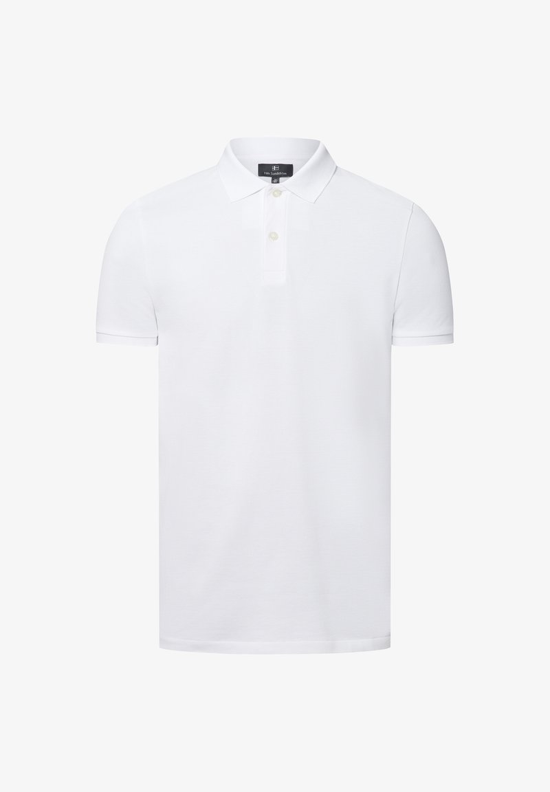 Weißes Polohemd aus leichtem Stoff mit einem klassischen Kragen, drei Knöpfen und kurzen Ärmeln mit gerippten Bündchen.