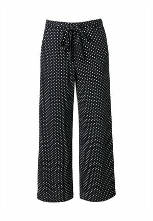 Pantaloni neri a gamba larga con pois bianchi e vita con coulisse annodata, mostrati su uno sfondo bianco.
