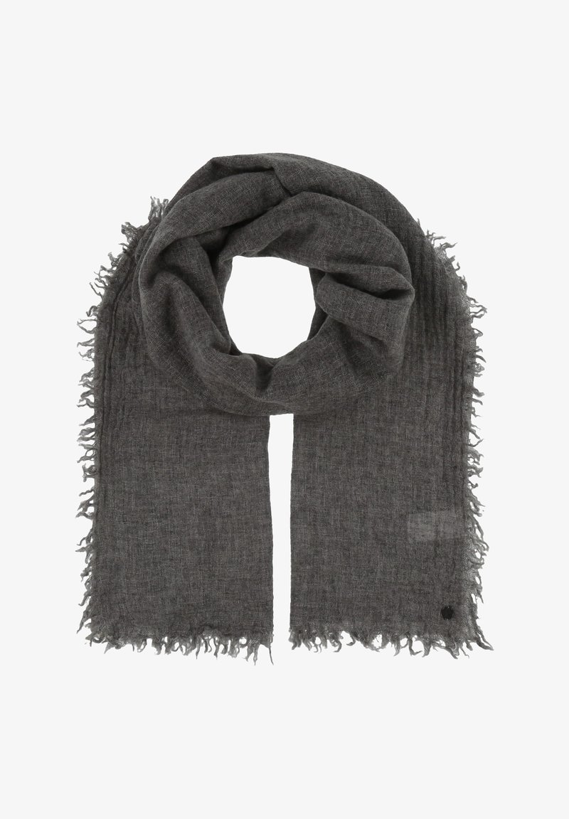 Hall mägitud sall, millel on friteeritud servad, pehme tekstuur ja ristküliku kujuga, sobilik igapäevaseks kandmiseks.