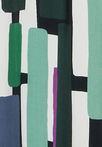 Abstrakti kuviollinen kangas, jossa on pystysuoria ja vaakasuoria suorakulmioita vihreässä, sinisessä, purppurassa ja mustassa valkoisella taustalla.