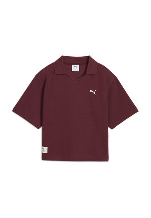 Bordo polo majica, kratkih rukava, s V-izrezom, teksturirana tkanina, s malim bijelim logotipom na prsima i oznakom branda na rubu.