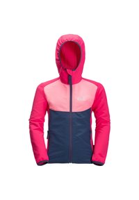 Rosa och marinblå jacka med huva, med dragkedja fram och sidofickor. Tillverkad av ett mjukt, lätt material. Färgblockdesign.