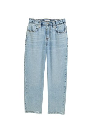 Hellblaue Jeans aus Denim mit elastischem Bund, fünf Taschen und geradem Bein. Mit sichtbarem Nähten und klassischem Schnitt.
