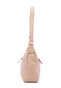 Borsa a mano in pelle beige con una tracolla, forma arrotondata, due tasche con zip e dettagli in metallo dorato. Texture liscia.